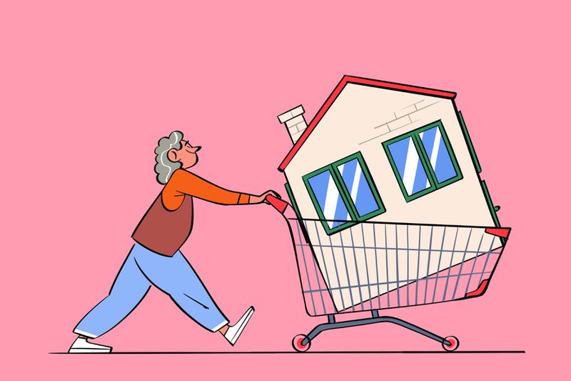 Cartoon of a woman pushing a house in a shopping cart.