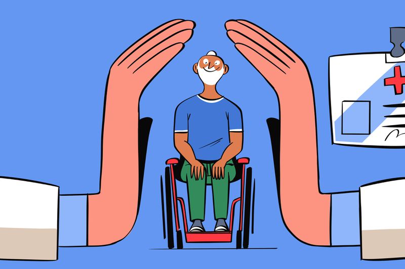 Cartoon of a man sitting in a wheelchair.