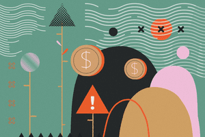 Abstract illustration depicting concepts related to investment risk and management with dollar symbols, shapes, and patterns.