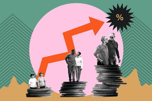 A stylized collage showing adults standing on stacks of coins with a red arrow denoting financial growth and a percentage symbol