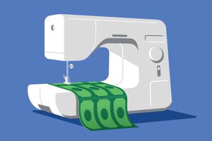 A sewing machine producing a strip of dollar bill fabric, representing consolidating owed debt.