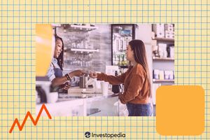 A cashier hands an item to a customer across a counter in a retail setting with overlay graphics including a grid and a graph motif
