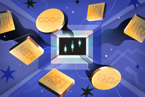 Illustration of the magnificient seven stocks appearing on gold coins. 