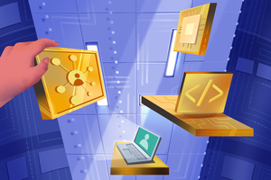 Illustration of a hand holding different tech stock symbols.