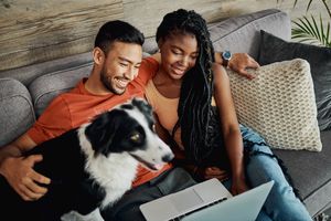 A couple with their dog sitting in front of a computer