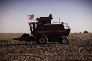 A combine harvester on a farm in Algona, Iowa